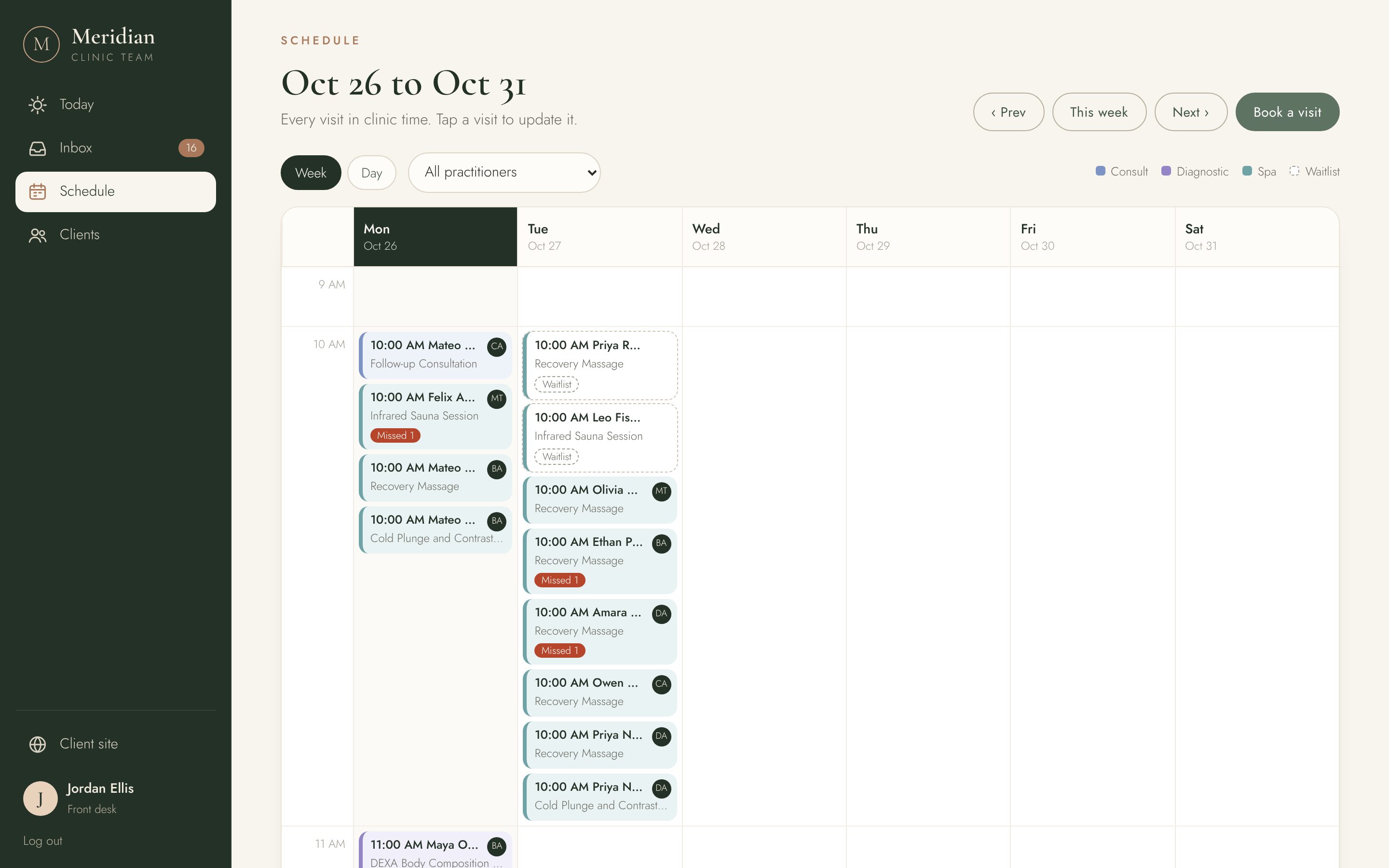 The front desk week board with color-coded visits and daily totals.
